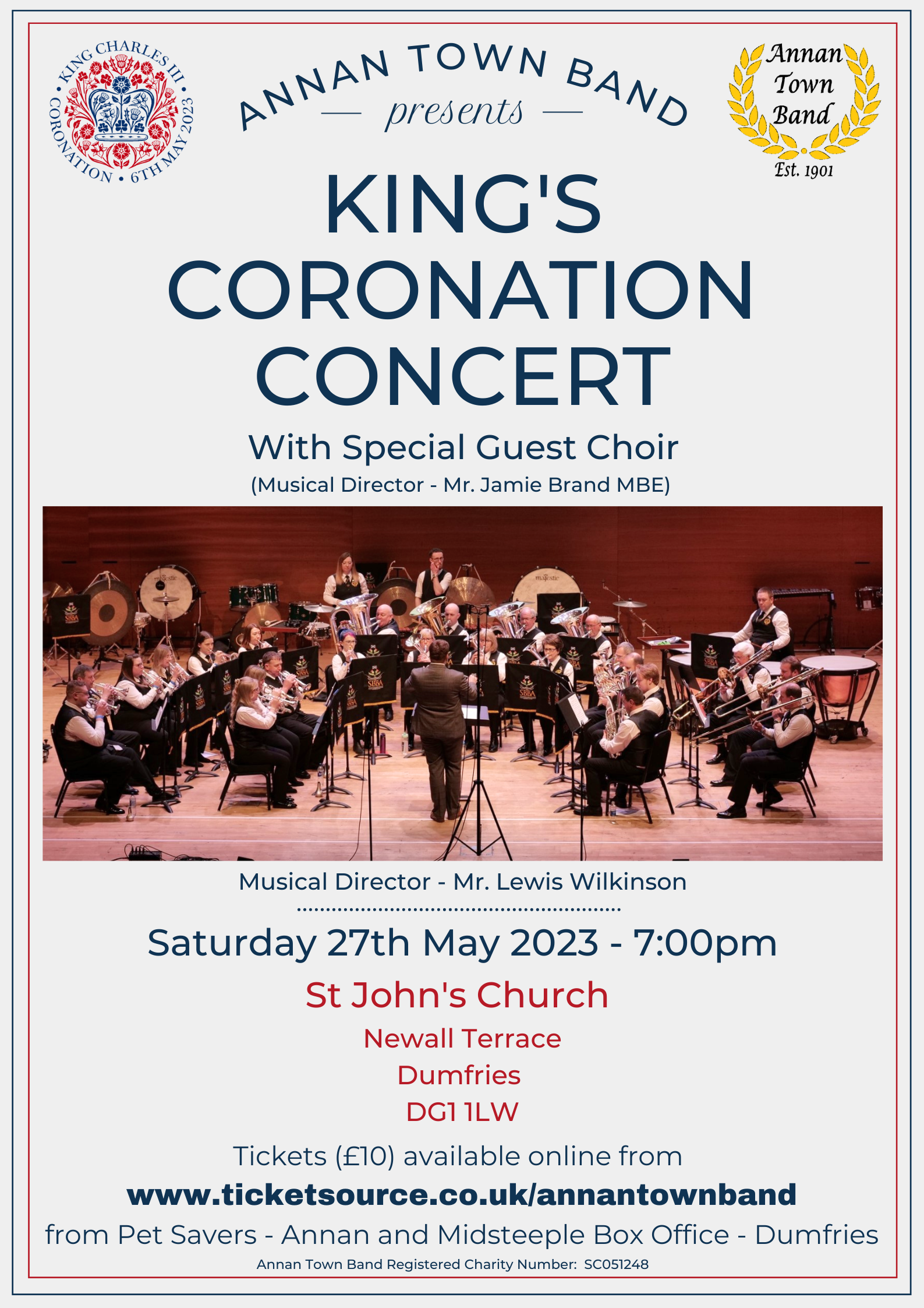 Annan Town Band presents King's Coronation Concert on Saturday 27th May at 7pm in St John's Church