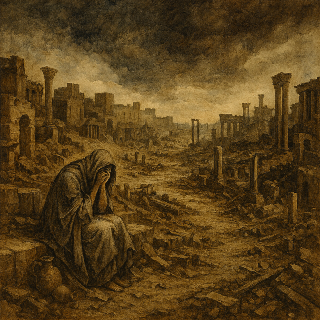 A painting of a person in a ruined city

AI-generated content may be incorrect.
