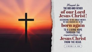 The image depicts a cross with a radiant sunset in the background, overlaid with a scripture excerpt from 1 Peter 1:3, emphasizing Jesus Christ's role in bringing new life through His resurrection.
AI-generated content may be incorrect.