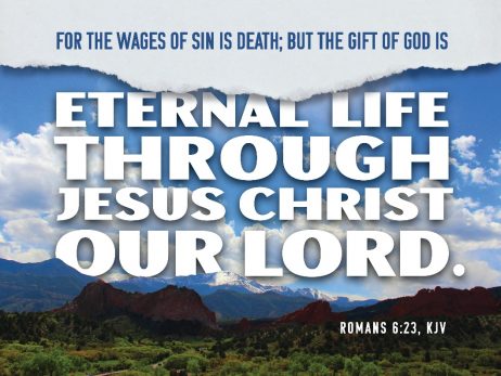 The image depicts a biblical verse from Romans 6:23, illustrating the concept of life eternal through Jesus Christ.

AI-generated content may be incorrect.